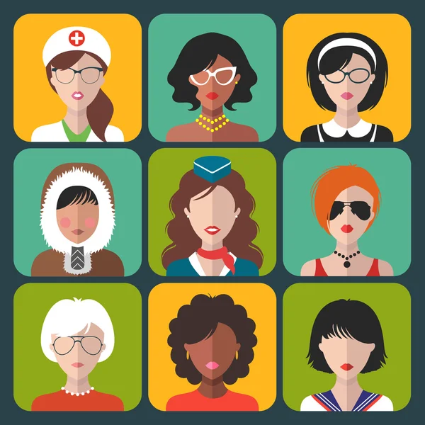 Ensemble de différentes icônes de nationalité femme — Image vectorielle