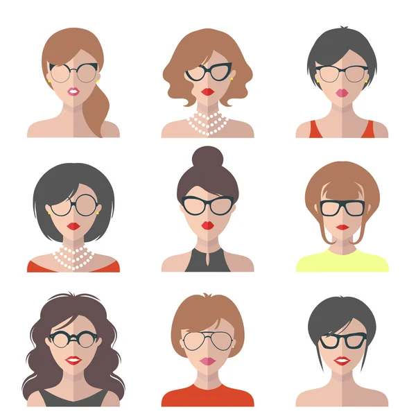 Diferentes iconos de aplicación de las mujeres en gafas — Vector de stock