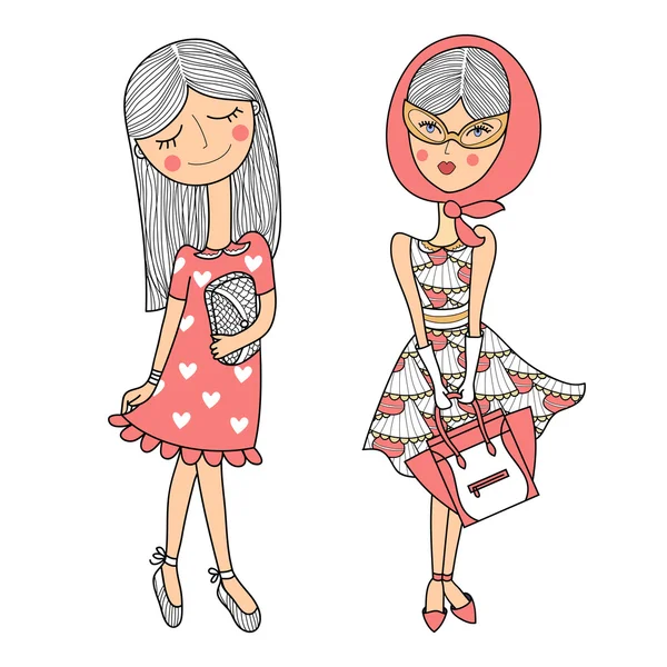 Conjunto de duas meninas da moda bonita — Vetor de Stock