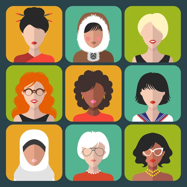 Conjunto de diferentes iconos de la mujer nacionalidad — Vector de stock