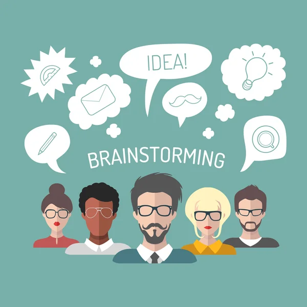 Illustration von Brainstorming mit Menschen und Sprechblasen — Stockvektor