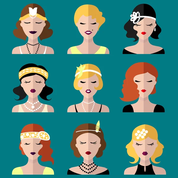 Conjunto de diferentes flapper niñas iconos — Vector de stock