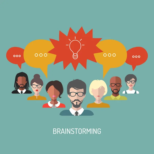 Illustration von Brainstorming mit Menschen und Sprechblasen — Stockvektor