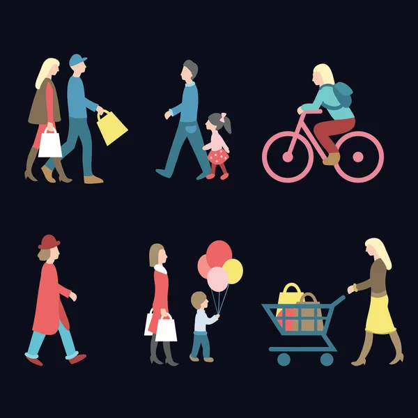Ensemble d'icônes de personnes marchant et faisant du shopping — Image vectorielle