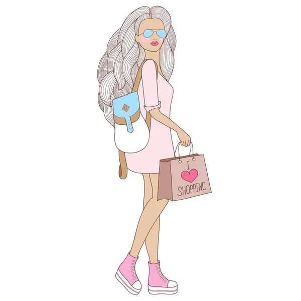 Moda menina bonita com mochila isolada — Vetor de Stock