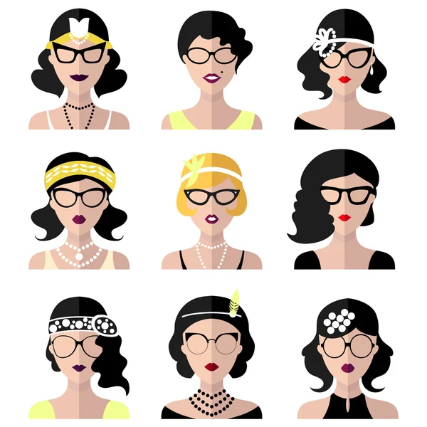 Conjunto de diferentes retro flapper niñas — Vector de stock