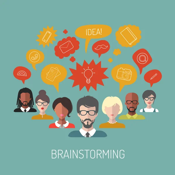 Illustration of brainstorming with people and speech bubbles — Stock Vector