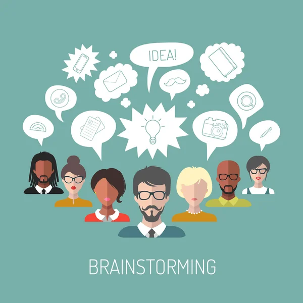 Illustration of brainstorming with people and speech bubbles — Stock Vector