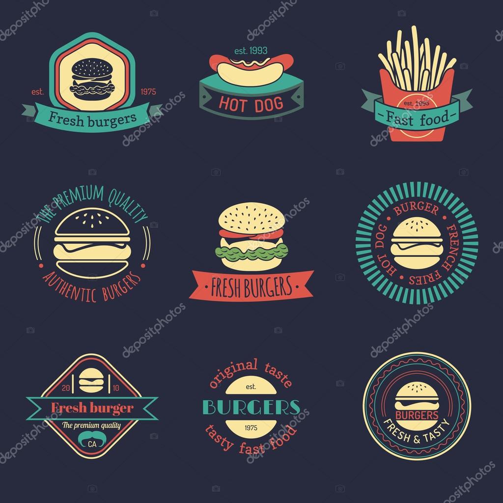 Vector vintage fast food logo set. Retro food logotypes collection