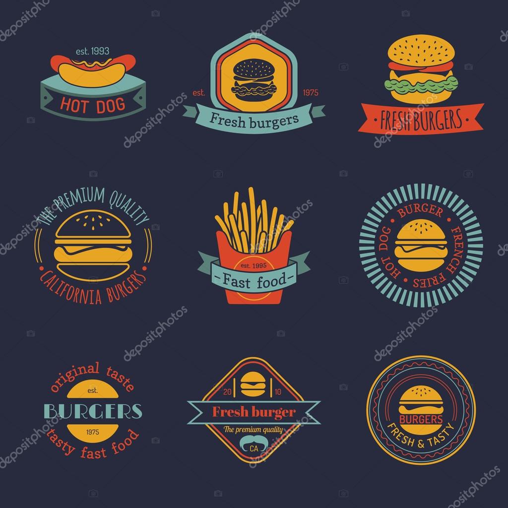 Vector vintage fast food logo set. Retro food logotypes collection