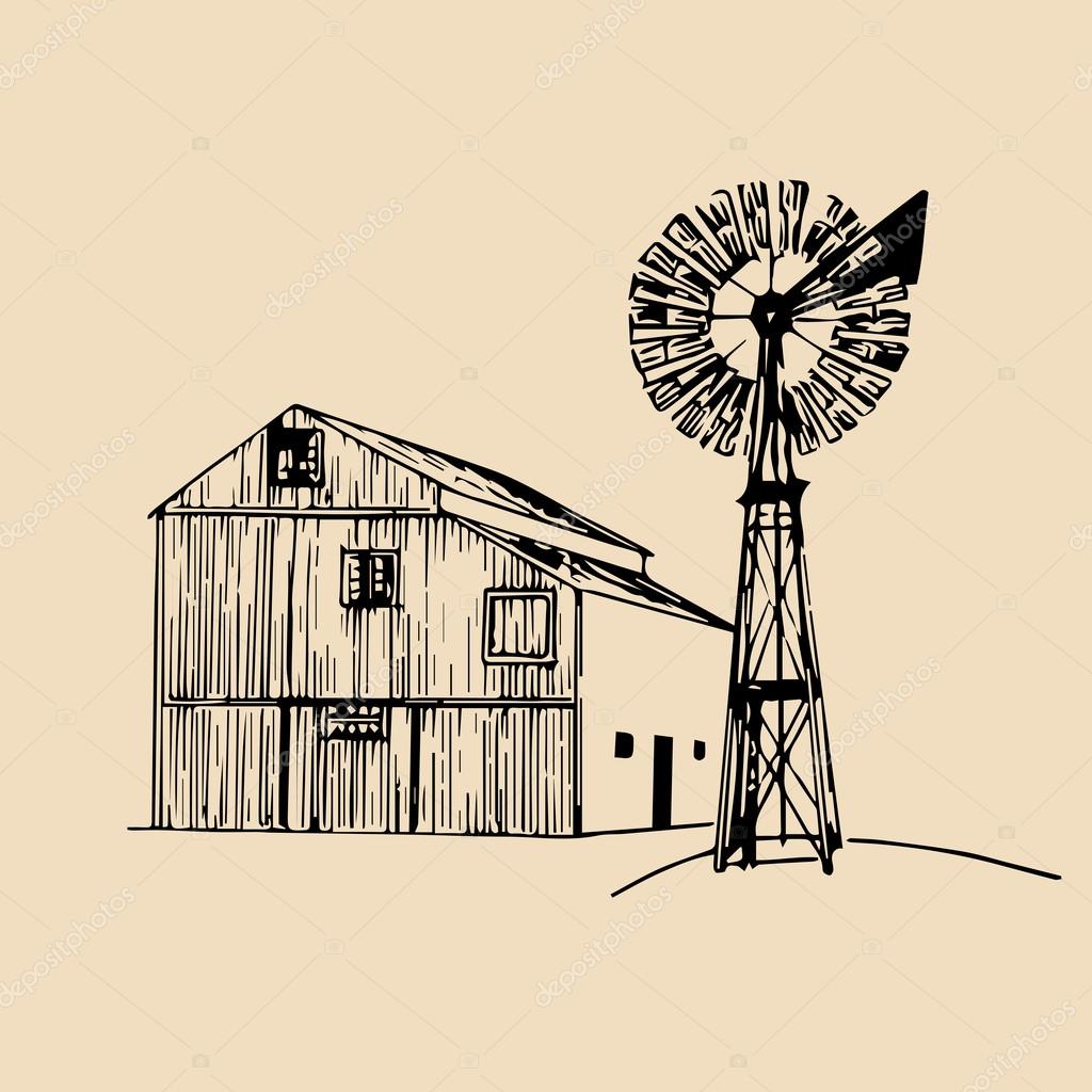 Vector illustration of traditional american farm with windmill in hand sketched style