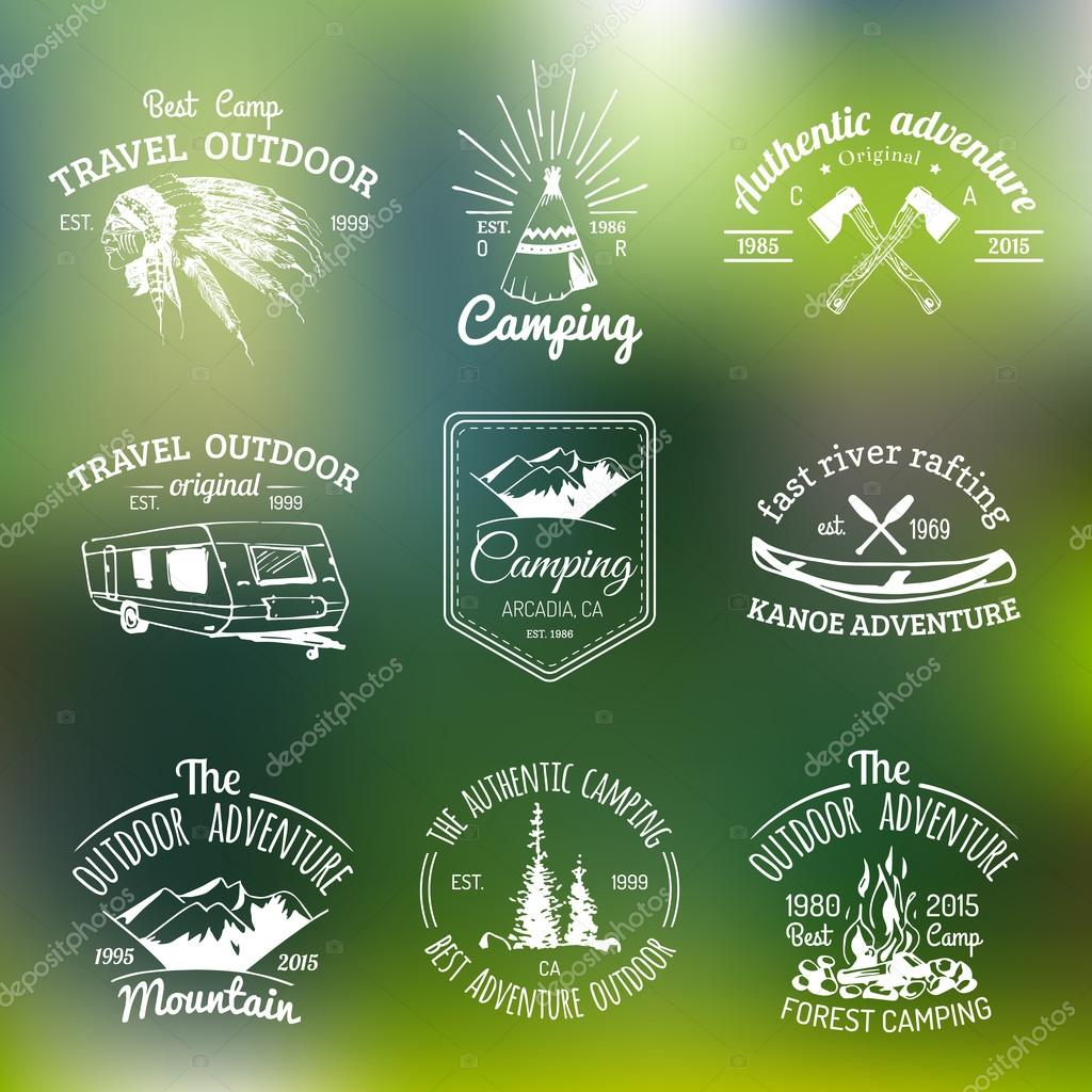 Vector set of vintage camping logo on the blur background. Retro logotypes collection of outdoor adventures with Indian elements