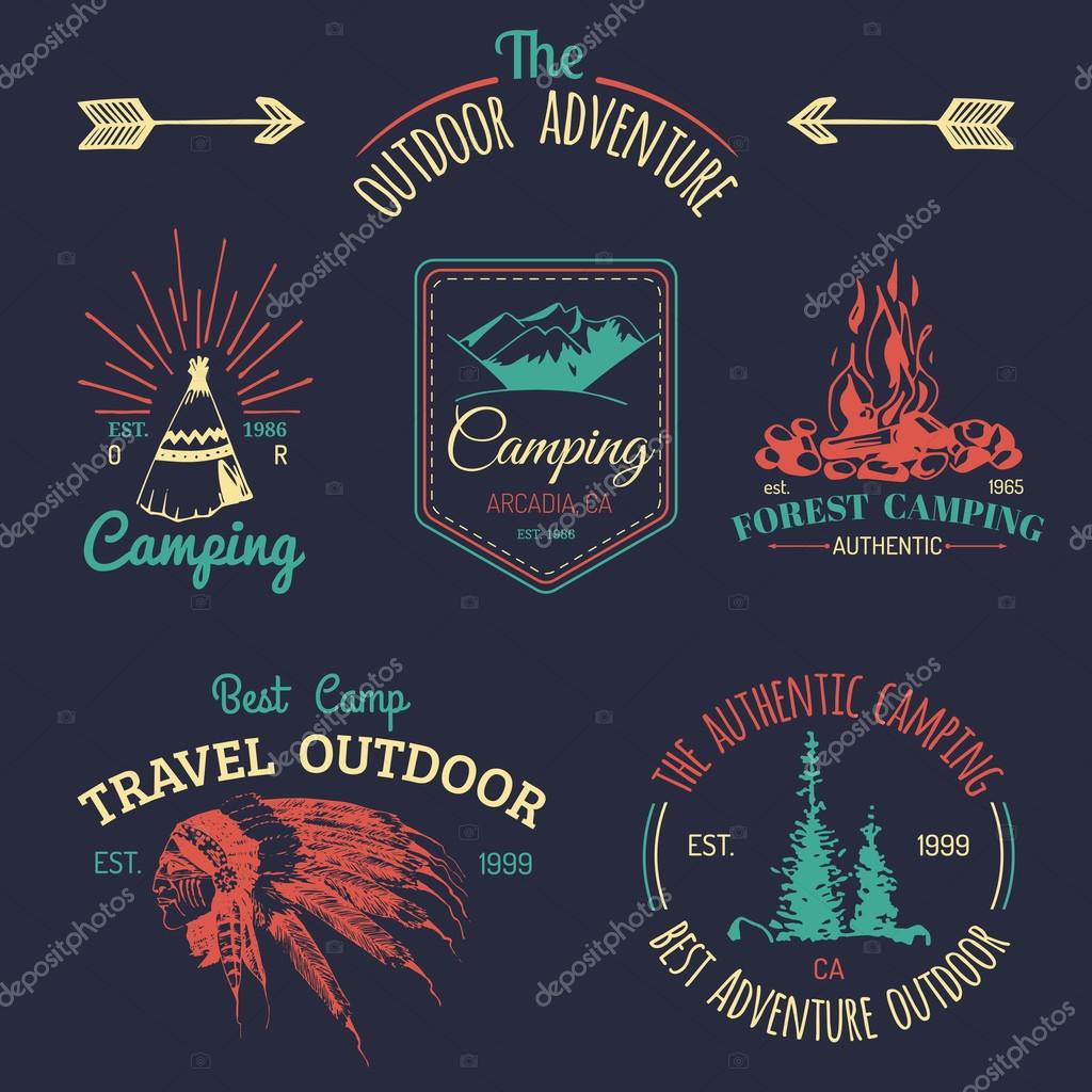 Vector set of vintage camping logo. Retro logotypes collection of outdoor adventures with Indian elements