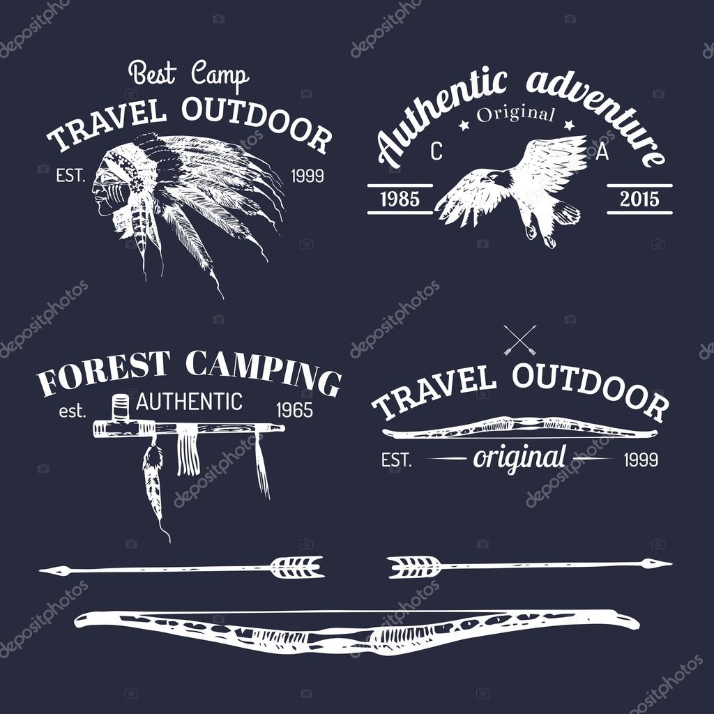Vector set of vintage camping logo. Retro logotypes collection of outdoor adventures with Indian elements