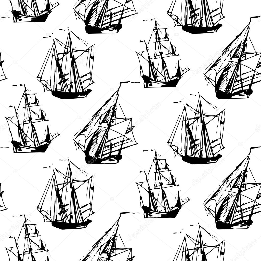 black and white pattern of sailing ships