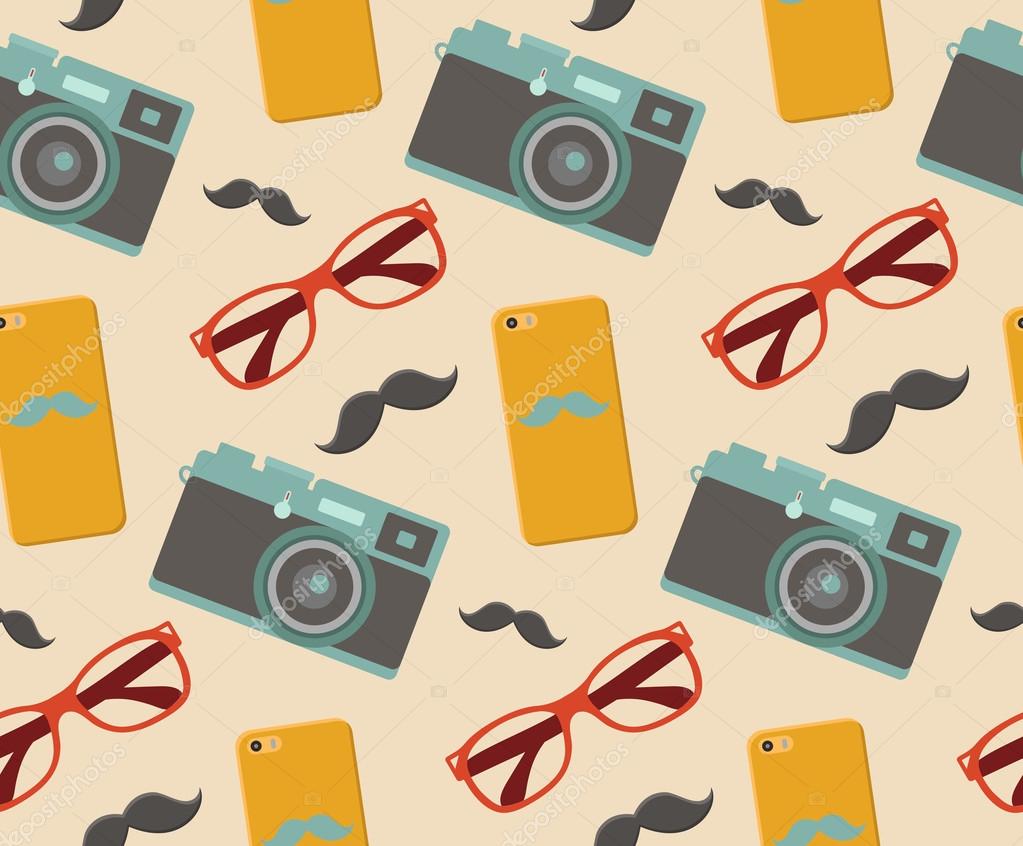 Vector hipster elements seamless pattern with fashion sunglasses, vintage camera, mobile phone and mustache in trendy flat style
