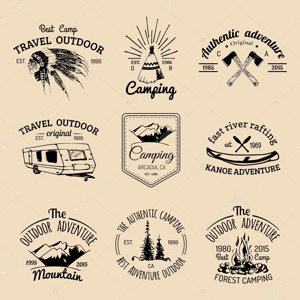 Vector set of vintage camping logo. Retro logotypes collection of outdoor adventures with Indian elements