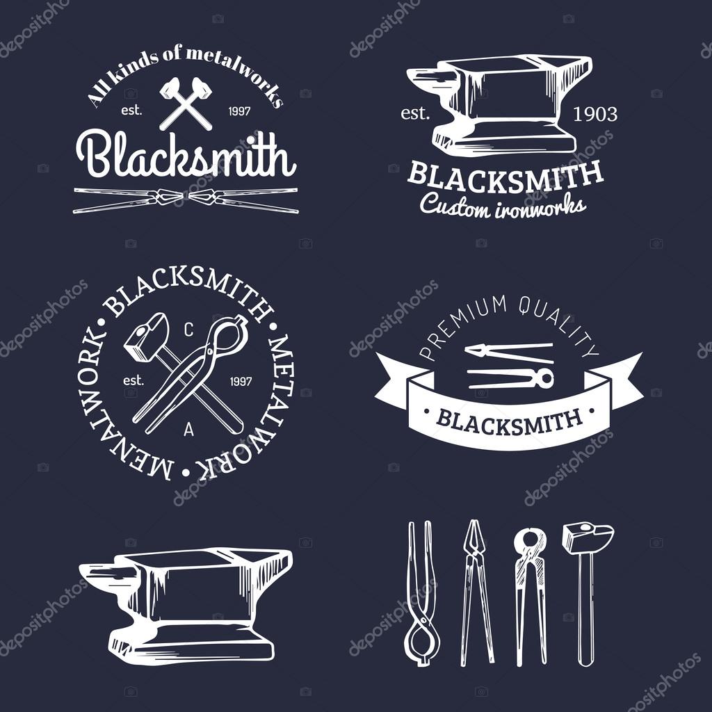 Vector set of hand sketched blacksmith logo. Vector blacksmith logotypes collection