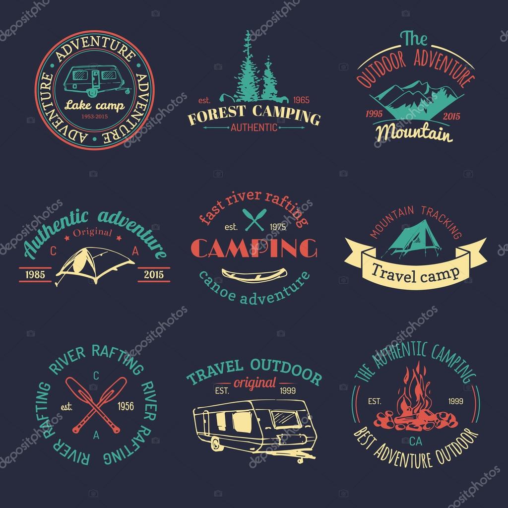 Vector set of vintage camping logo. Retro logotypes collection of outdoor adventures