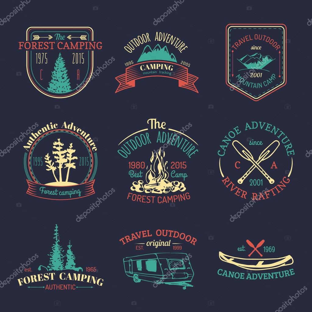 Vector set of vintage camping logo. Retro logotypes collection of outdoor adventures