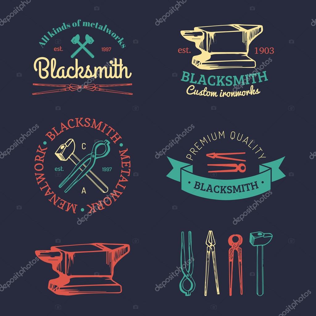 Vector set of hand sketched blacksmith logo. Vector blacksmith logotypes collection