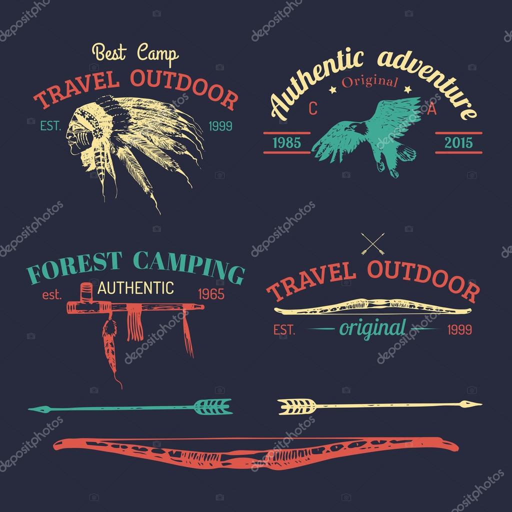 Vector set of vintage camping logo. Retro logotypes collection of outdoor adventures with Indian elements