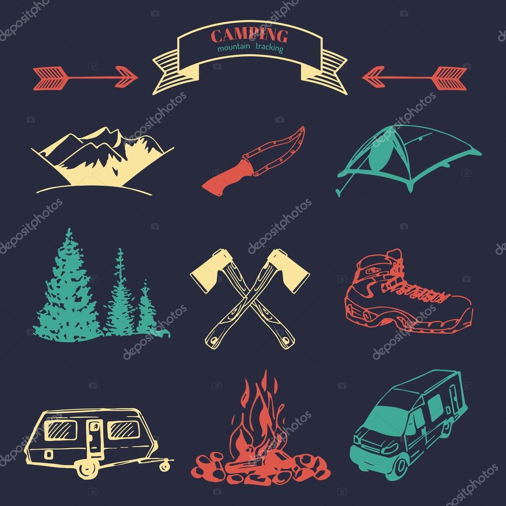 Vector set of vintage camping logo. Retro logotypes collection of outdoor adventures