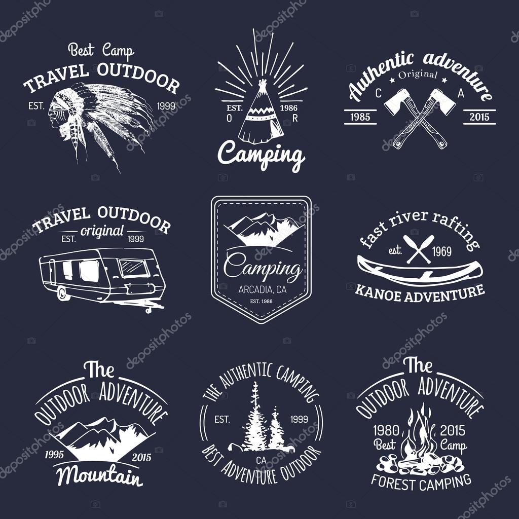 Vector set of vintage camping logo. Retro logotypes collection of outdoor adventures