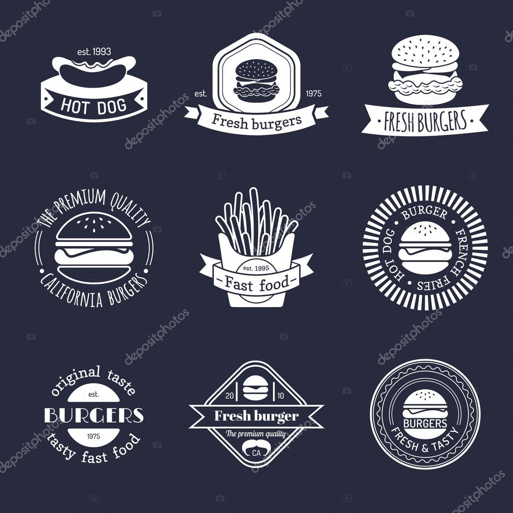Vector vintage fast food logo set. Retro food logotypes collection