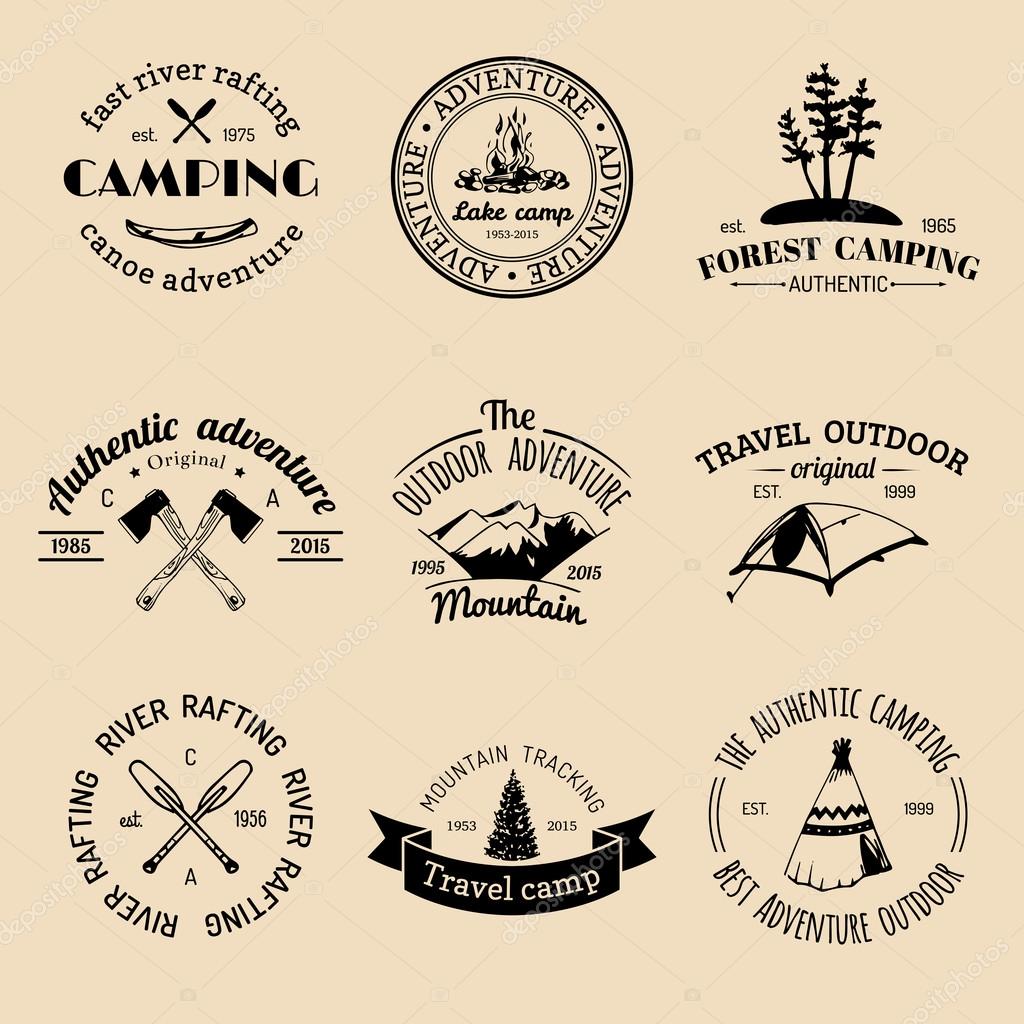 Vector set of vintage camping logo. Retro logotypes collection of outdoor adventures with Indian elements