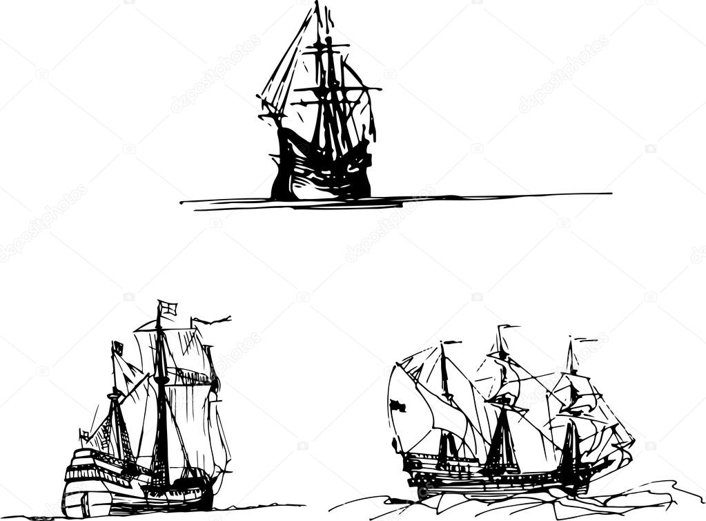Set of sailing galleon ships