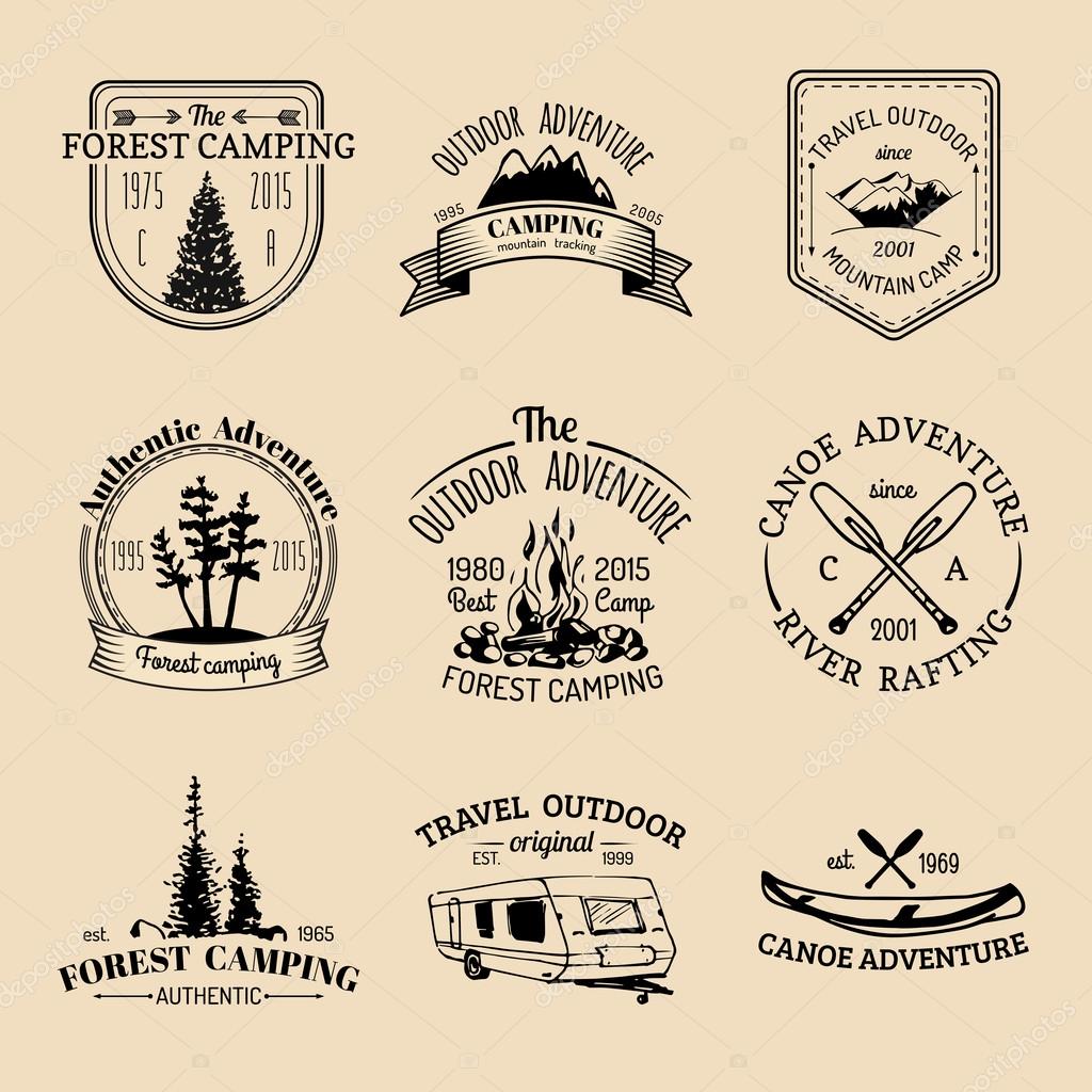 Vector set of vintage camping logo. Retro logotypes collection of outdoor adventures