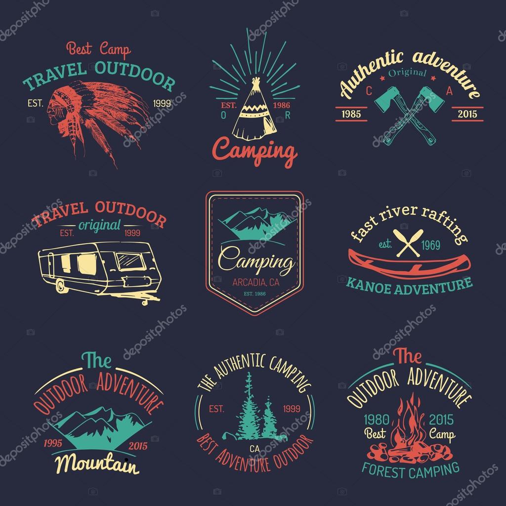 Vector set of vintage camping logo. Retro logotypes collection of outdoor adventures