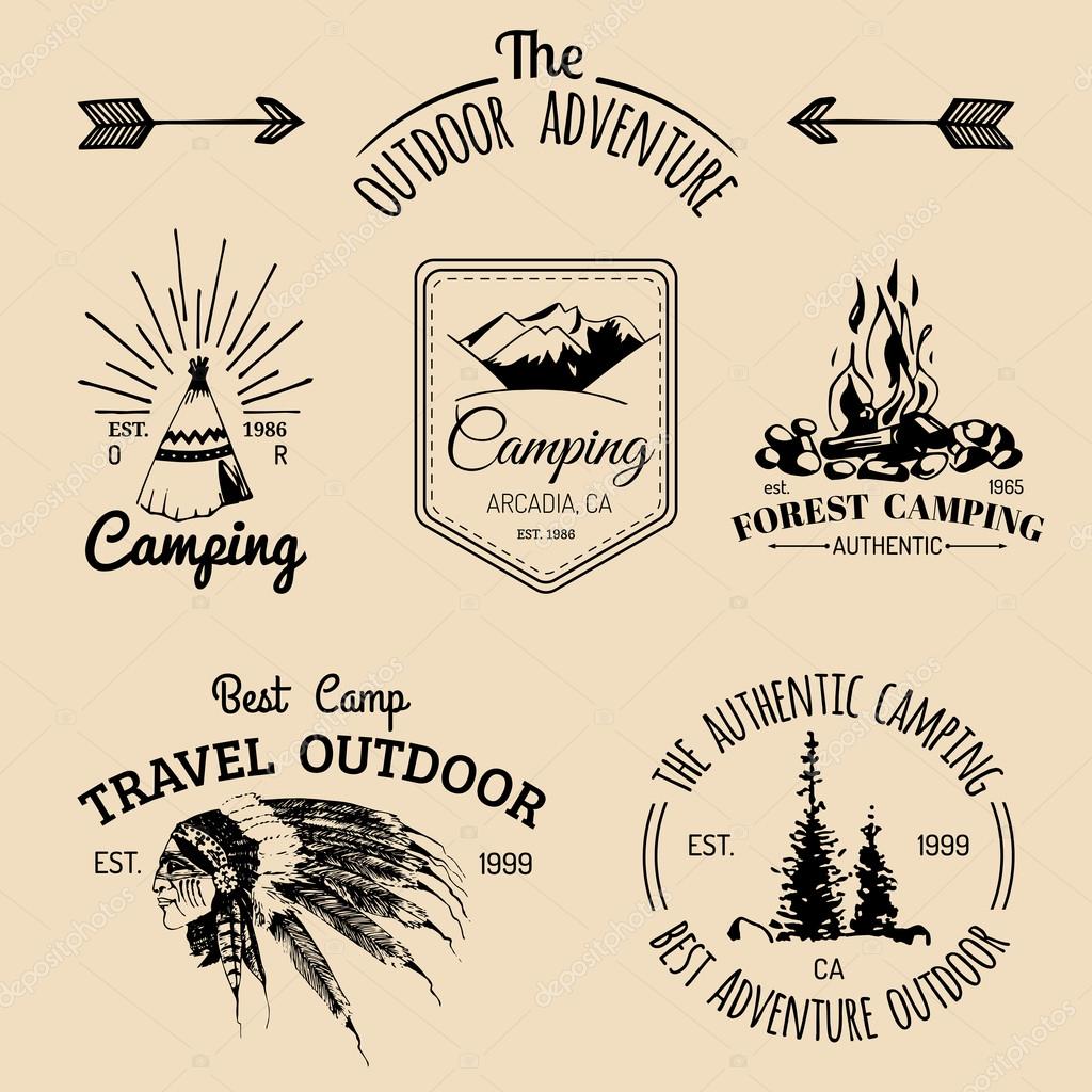 Vector set of vintage camping logo. Retro logotypes collection of outdoor adventures with Indian elements