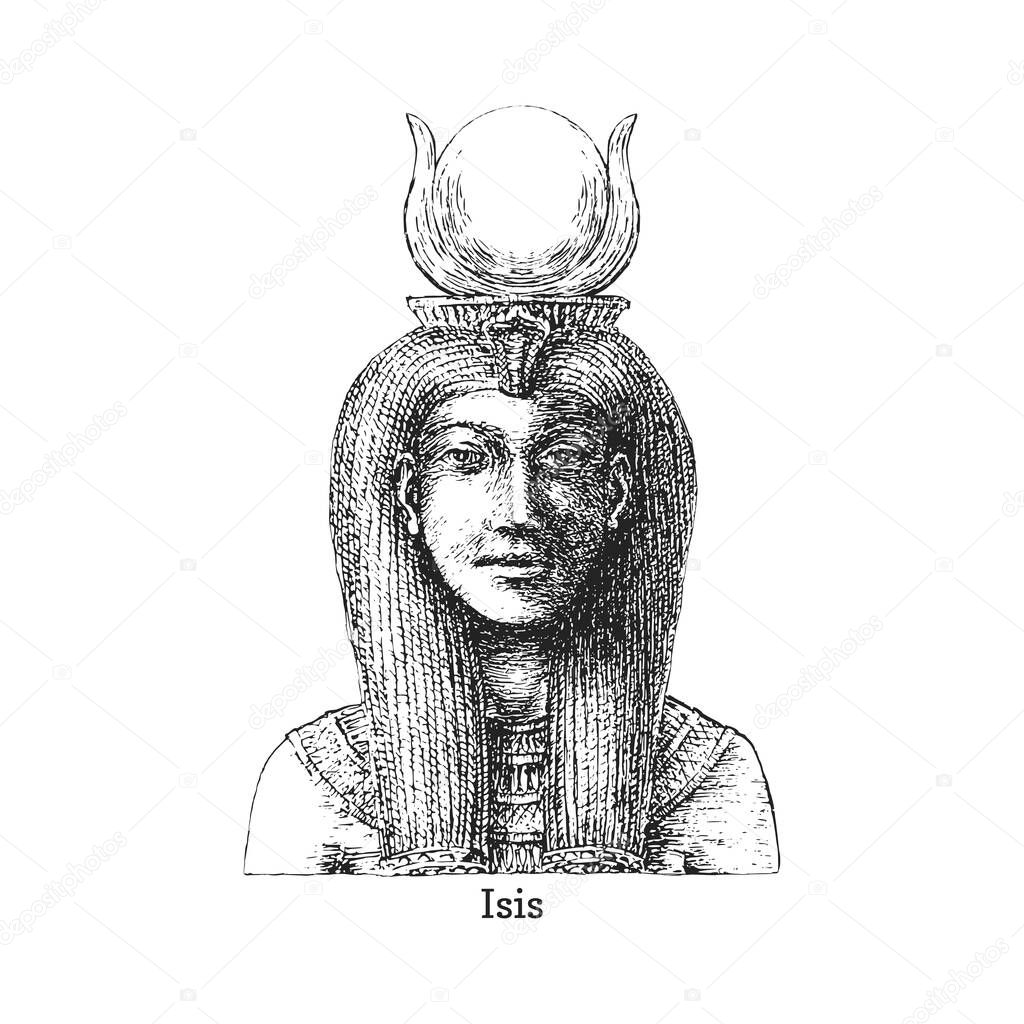 Isis, the Egyptian goddess, vintage illustration in vector, drawn sketch of ancient deity in engraving style