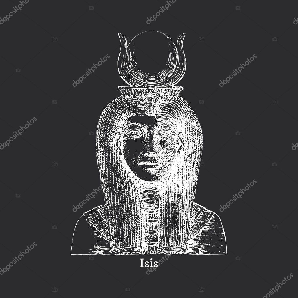 Isis, the Egyptian goddess, vintage illustration in vector, drawn sketch of ancient deity in engraving style