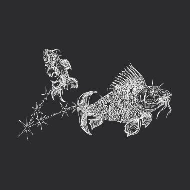 Balık burcu burcu, astrolojik işaret. Balık takımyıldızının oyma stili, astrolojik işaret balıklarının vektör grafik çizimi