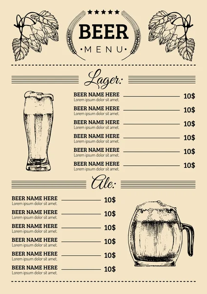 Modèle de menu de bière pour bar — Image vectorielle