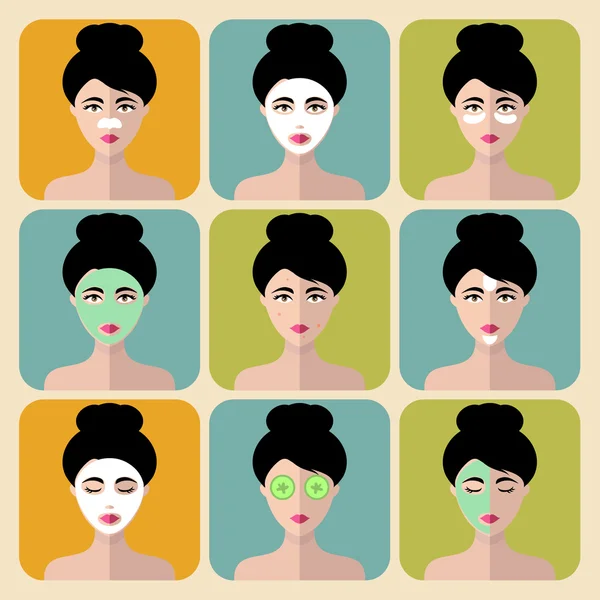 Ícones de mulheres com cosméticos diferentes — Vetor de Stock