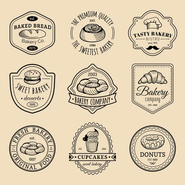 Logotipos retro con elementos dulces de panadería . — Archivo Imágenes Vectoriales