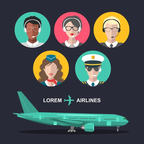 Ícones da equipe do avião e do aeroporto — Vetor de Stock