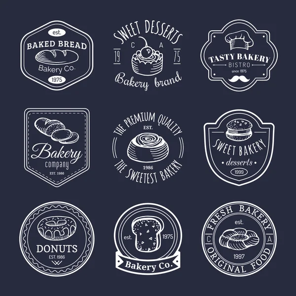 Logotipos retro con elementos dulces de panadería . — Vector de stock