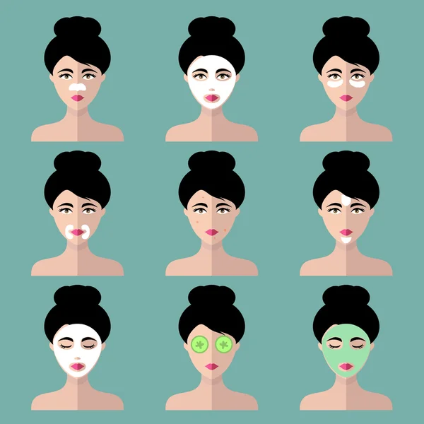 Ícones de mulheres com cosméticos diferentes — Vetor de Stock