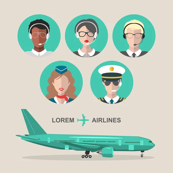 Set of airplane and airport team icons — Stok Vektör