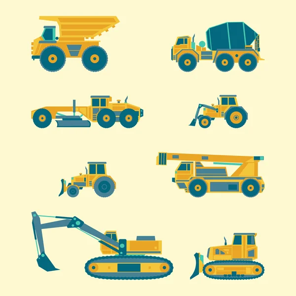 Conjunto plano de ícones de veículos de construção — Vetor de Stock