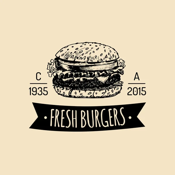 Emblema Fast food con hamburger . — Vettoriale Stock