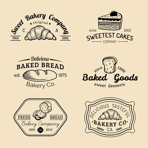 Logotipi retrò con elementi da forno dolci . — Vettoriale Stock