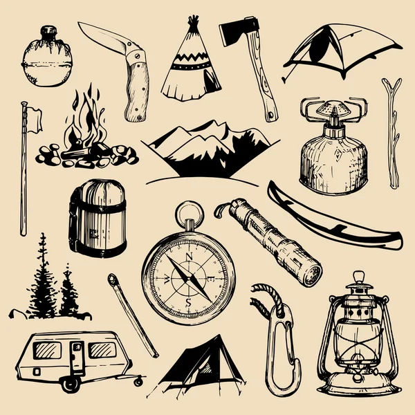 Conjunto de camping. Elementos del campamento — Vector de stock