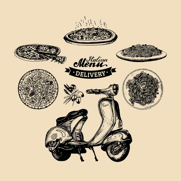 Pizza levering scooter. — Stockvector