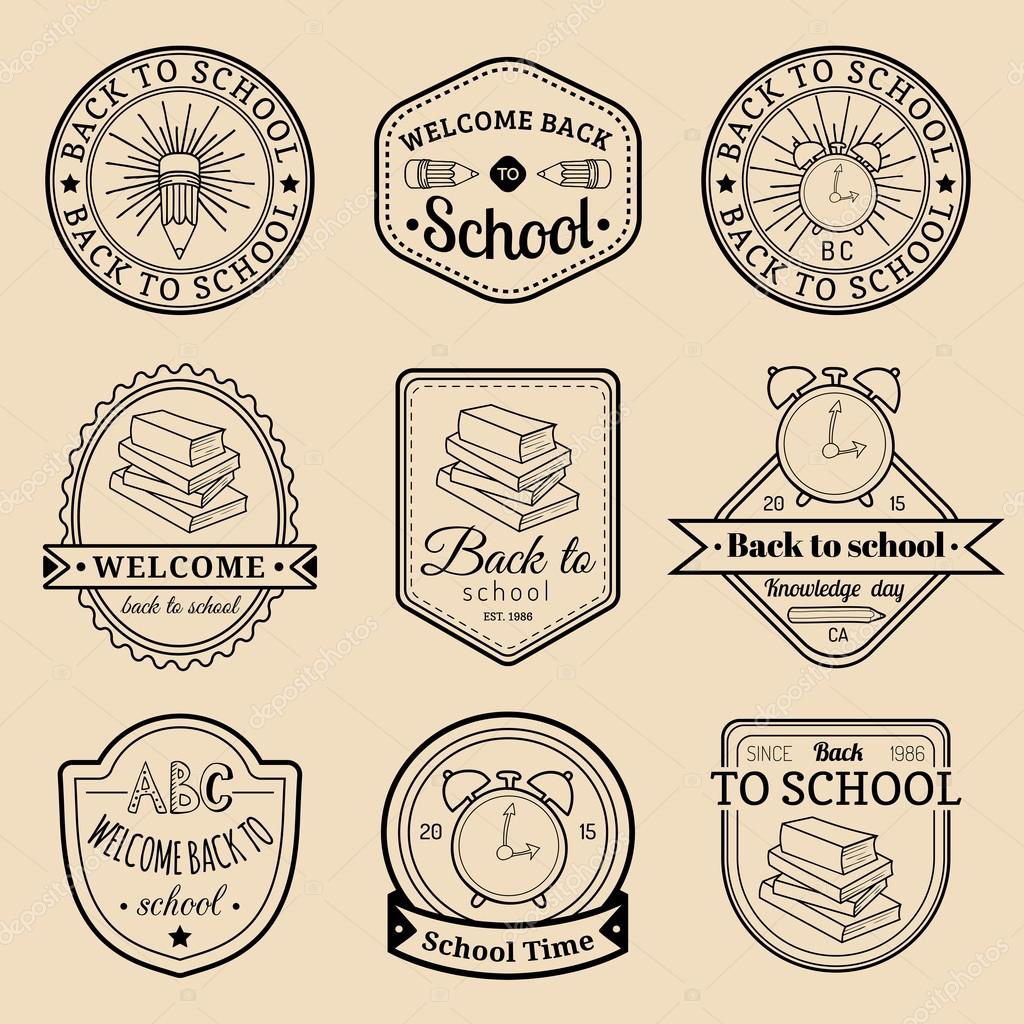 Vector set of vintage Back to school logo. Retro logotypes collection with school elements. Back to school signs set.